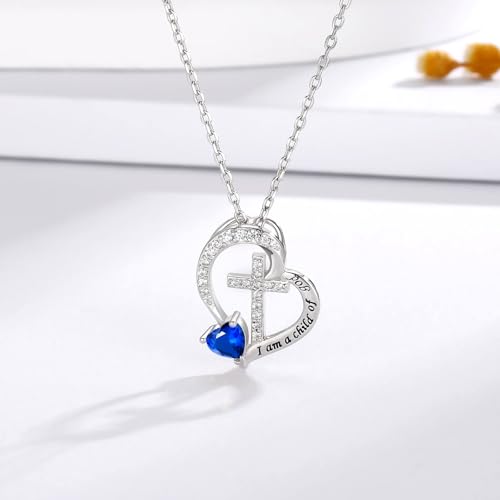 MANBU Sterling Silver Cross Necklace for Girls: Heart Birthstone I am a Child of God Pendant Religious Jewelry Baptism First Communion Confirmation Gifts for Teens4