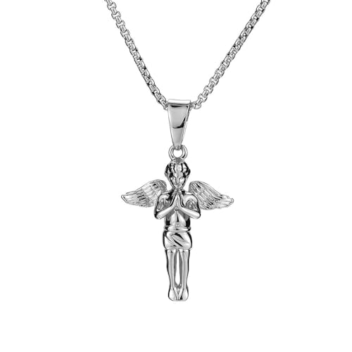 Stainless Steel Guardian Angel Pendant Necklace for Women Men 18K Gold Plated Angel Baby Hip Hop Necklace Jewelry Gift with 24 Inch Chain