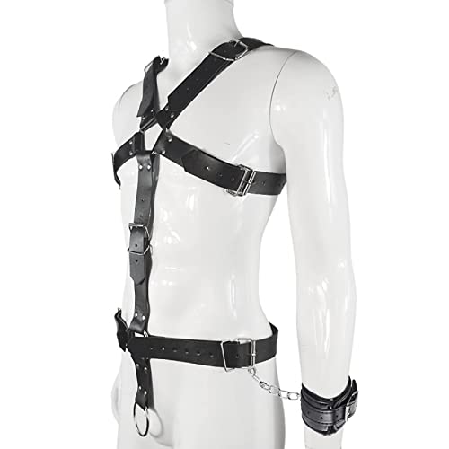 Herren Punk Body Brust Harness Männer Leder Geschirr mit Handschellen & Penisring,Gothic Männer Kleidung Bandage Kostüme Herren Sexy Sklave Clubwear,BDSM Fesseln Sexspielzeug für Paare Extrem Sex