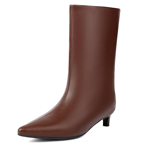 Women's Mid Calf Boots Wide Calf Kitten Heel Pointed Toe Pull On Low Heel Fall Boots2