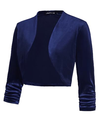Image of MINTLIMIT Velvet Cardigans for Women's Evening Party Ruched 3 /4 Sleeve Open Front Crop Shrug Boleros (Navy, Size L)