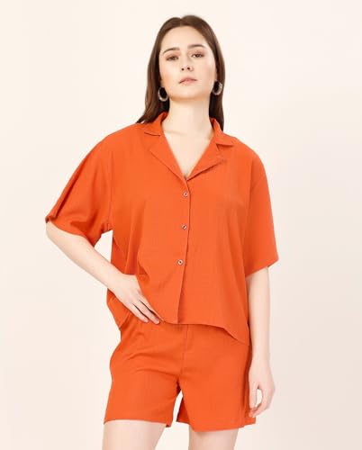 Image of Fashfun Women's Coord-Set (Solid Orange Crepe Collar Neck Shirt with Pant-Set of 2)