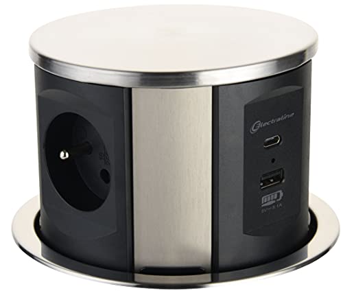 Electraline 35446 Bloc Multiprise escamotable Plan de Travail avec 3 16A Norme française + 2 3.1A A + 1 USB Type C 15.5W, Prise Encastrable pour Cuisine, Diamètre...