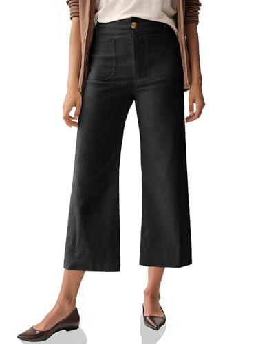 Cicy Bell Womens Cropped Wide Leg Pants High Waisted Stretchy Flare Pants Casual Baggy Trousers Black