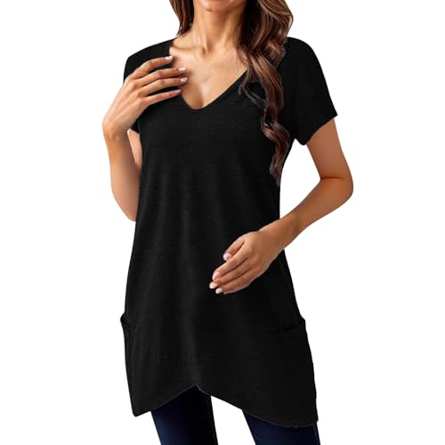 Uwdiohq Túnica De Verano para Mujer, con Bolsillos, Manga Corta, Informal, Tallas S-3Xl Camiseta Transparente Negra Mujer (Black, S) Deporte Camisa Fiesta Tops Deportivos Larga Ropa Interior
