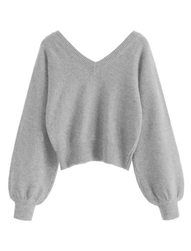 Image of ZAFUL Women's Cropped Sweater V-Neck Long Sleeve Pullover Jumper Knit Top | Crop Length, Ribbed Knit, Double V design, White sweater, Raglan sleeves, lantern sleeve, Fall & Winter, Loose fit, Oversized