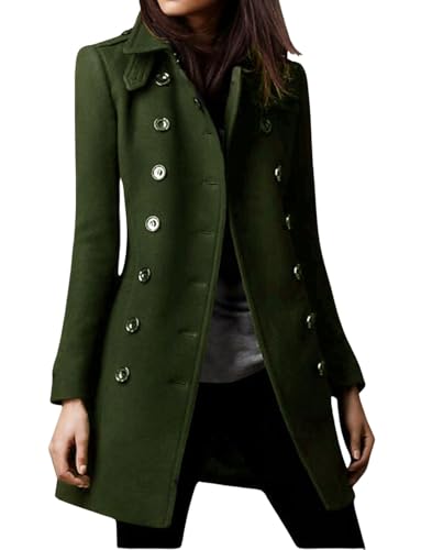 Image of CHARTOU Women Winter Slim Double Breasted Wool Coat Jacket Peacoat Woolen Overcoat Blazers Mid Long Trench Coat (Medium,Army green)