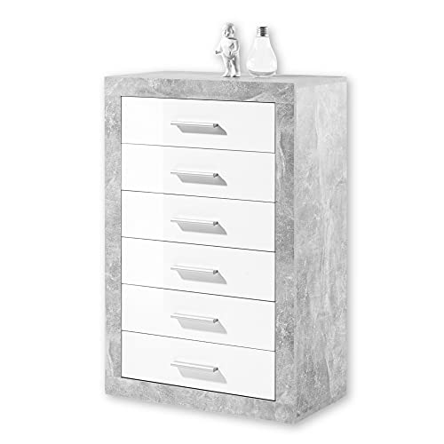 Stella Trading STONE Commode à tiroirs aspect béton, blanc brillant - Armoire à tiroirs moderne avec beaucoup d'espace de rangement pour votre salon - 66 x...