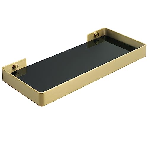 Alise Glass Shelf Bathroom Shelves Wall Mount,Floating Shelves for Bathroom,12 Inch Rectangular Tempered 1 Tier Glass Holder Rack Storage Organizer,Brushed Gold Finish