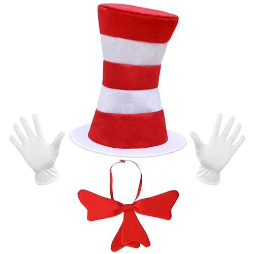 WASIRL Top Hat Cat Costume Kit Accessory for Adults Red and White Striped Stovepipe Hat Gloves Bow Tie for Halloween Props