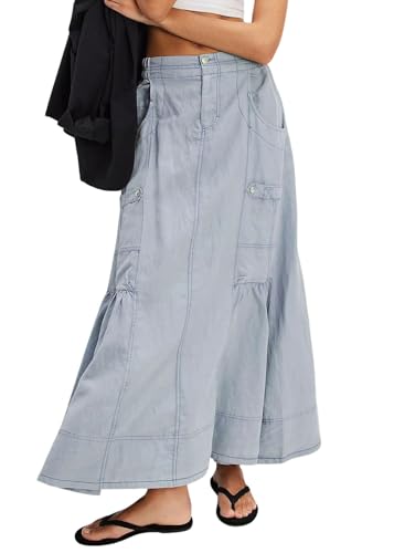 CHARTOU Women Lightweight Tencel Denim Skirt Utility Maxi Parachute Cargo Skirt with Pockets