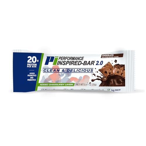 Performance Inspired Nutrition - Protein Bar 2.0 – Contains: 20G Protein - 6G Fiber - 4g MCTs - 1 Billion CFU Probiotics – 1G Prebiotics - G Free – BIG 70g bar - Chocolate 12-Ct. Box
