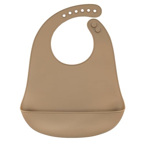 Babero silicona para bebe, Babero impermeable, Mandil para bebe, Babero con bolsillo recolector, Babero ajustable, Sin BPA, Para niño/a de 6 a 72 meses, Silicona, Apto lavavajilla, Beige