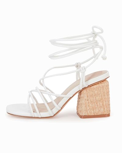 Image of PiePieBuy Women's Lace Up Chunky Braided Heel Sandals Square Toe Strappy Ankle Strap Heels