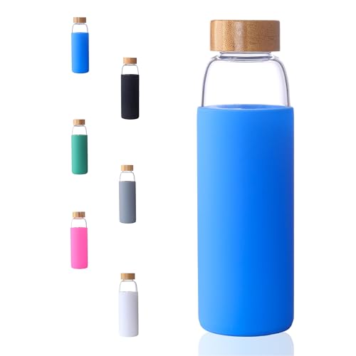 Laster-Glass-Water-Bottle-20-Oz-600-ml-made-of-Borosilicate-Glass-1-Bamboo-1-Stainless-Steel-Lid-BPA-Free-Non-Slip-Silicone-Sleeve-Ocean-Blue