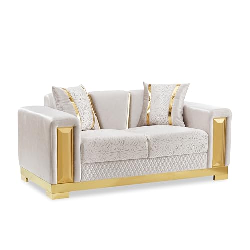 Image of Furniture of America Samison II Glam Solid Wood Upholstered Loveseat with Accent Pillows, Damask Pattern and Gold Base, Soft Couch for Living Room, Bedroom, Office, Beige