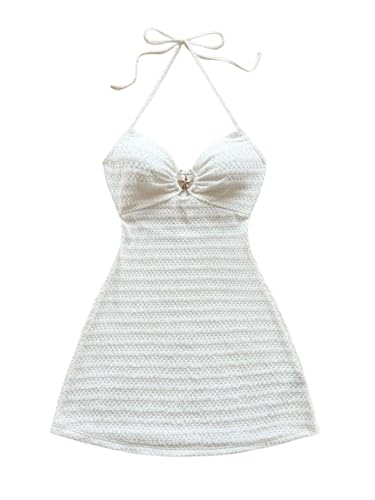 SweatyRocks Neckholder Kleid Damen Kurz Sexy Boho Kleid Sommer Häkelkleid Cut Out Minikleid Sommerkleid Strandkleid Rückenfreies Partykleid Weiß M