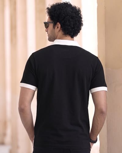 Image of AUSK Men's Textured Vertical Striped Knit Polo T-Shirt | Half Sleeve Zipper Neck Self-Design Casual Tee | Mens Tshirts