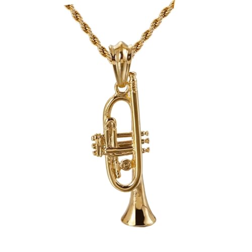 PAMTIER Unisex Stainless Steel Vintage Style Brass Musical Instruments Trumpet Pendant Punk Necklace