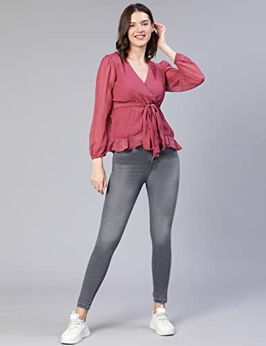 Image of oxolloxo Women Regular Fit Polyester Regular Sleeves Dobby Party Pink Top