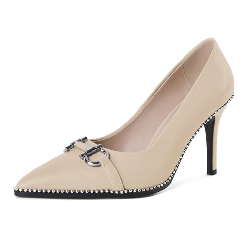 SAMMITOP Women Beaded Pumps Closed Pointed Toe High Heel Buckle Bow Slip On Stilettos 3.5 Inch Sexy Heeled Dress Shoes