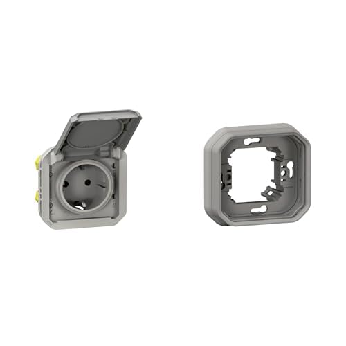 LEGRAND, Plexo New Set, Einsatz Feuchtraum-Steckdose, Berührungsschutz, inkl. Klappdeckel, Steckklemmen, 16A, 250V, IP44 - IK08 & 1-fach Feuchtraum-Unterputz-Tragrahmen, Farbe: Grau, 069570L & 069681L