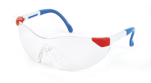 Sellstrom 70301 Dyno-Mites Safety Glasses with Adjustable Temples, Child Size, Clear Lens, Red/White/Blue Frame
