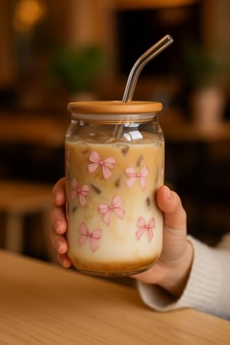 Image of THE UMBRELLA STORE Glass Tumbler Bamboo Lid and Straw, Coffee Tumbler, Reusable Glass (Coquette)