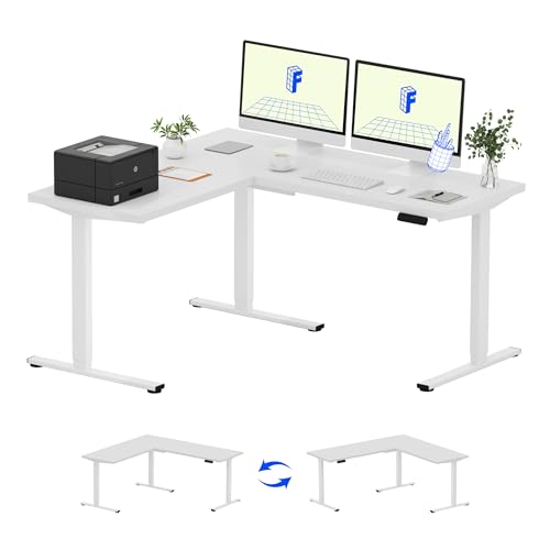 Image of FLEXISPOT L Shaped Standing Desk, 63 x 55 Inch Electric Height Adjustable Corner Desk, Sit Stand Computer Workstation, Preset Controller, Home Office, White Frame with White Top