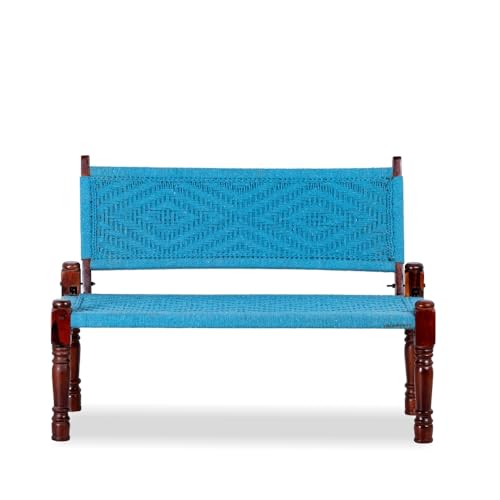Image of Srima Wooden Bench for Living Room | Handcrafted Sheesham Wood Backrest Bench for Balcony & Garden | Traditional Rajasthani Patio for Outdoor with Cotton Handwoven Rope | Blue