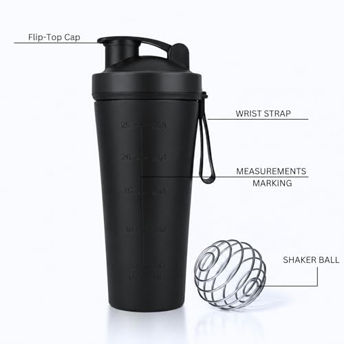 Image of Speedex YouFit Customized Stainless Steel Gym Shaker Bottle 750ml with Mixing Ball, Leakproof Flip Cap, Wide Mouth, Measurement Markings, Personalized Name /Logo Metal Protein Shaker - Black