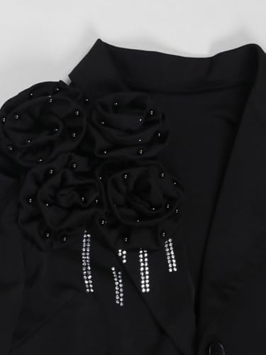 Image of Molisry Women's 2 Piece Blazer Dress Set Formal Rhinestone 3D Flower Bodycon Midi Dress with Overcoat Business Suit Set Black