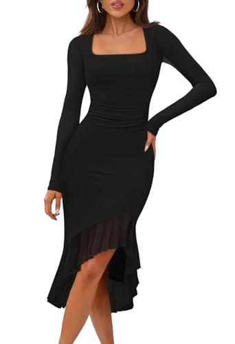 MEROKEETY Women's Long Sleeve Fall Wedding Guest Dress Elegant Classy Bodycon Square Neck Mesh Cocktail Midi Dresses, SolidBlack, Medium