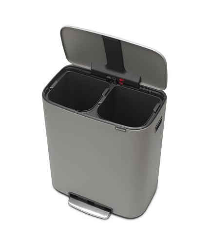 Image of Brabantia Bo Step-On Kitchen Trash Can with Dual Compartments | Mineral Gray | 2 x 8 Gal Inner Buckets | Soft-Close Garbage Can, Light Pedal, Stay-Open Lid | Fits Against Wall | + Trash Bags