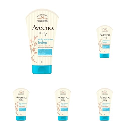 Image of Aveeno Baby Daily Moisture Lotion 100g with Oat Flour, Glycerin, and dimethicone | Hypoallergenic, Fragrance-Free, Pediatrician Recommended | Nourishes, soothes, & Protects Baby's Sensitive Skin