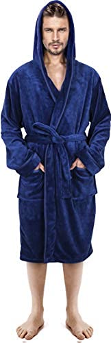 NY ThreadsLuxury Men’s Hooded Dressing Gown Super Soft Men’s Fleece Robe Cozy Hooded Plush LoungewearOEKO-TEX STANDARD 100