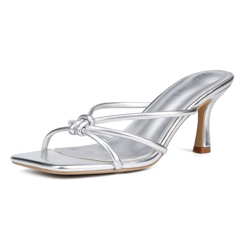 Image of Goderci Kitten Strappy Heels for Women Knotted Square Open Toe Slip On Mule Heels Mid Heeled Sandals