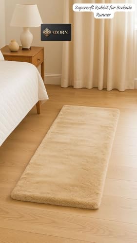 Image of Adorn Supersoft Rabbit Fur Bedside Runner Rug, 60 * 140cms Anti-Skid Backing (Cream)
