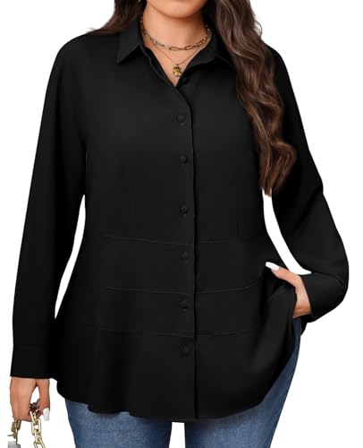 Beautife Women's Plus Size Blouse Dressy Casual Long Sleeve Button Down Shirts V Neck Slimming Peplum Tops