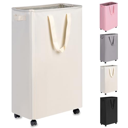 Slim Laundry Hamper with Wheels, Rolling Laundry Basket for Clothes, Small Laundry Basket for Bedroom, Dorm and Laundry Room, 75L (19.8 Gallons) Beige