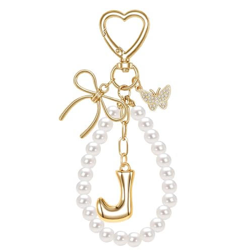 Yeeyeow Cute Bubble Initial Cute Butterfly&Bow Keychain,Gold Charms Gifts for Women,Handbag Purse Accessories(J)
