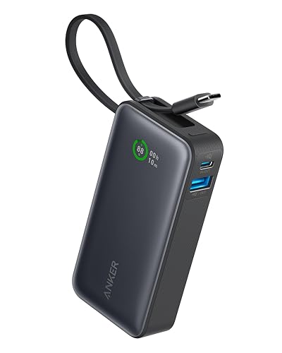 Anker Nano Power Bank, Carregador Portátil de 10.000 mAh com Cabo USB-C Integrado, Saída Máxima de 30W, para iPhone 17/iPhone 16/Série 15, MacBook, AirPods e Mais, Preto