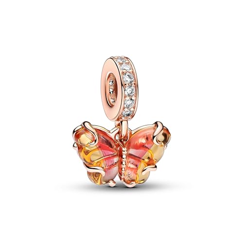 PANDORA Pendente Moments a forma di farfalla placcato in oro rosa 14 carati con vetro di Murano bicolore arancione e rosa e zirconi cubici trasparenti