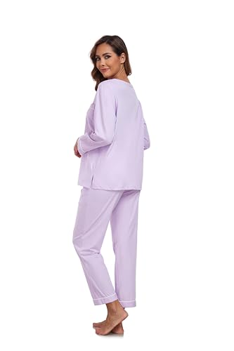 Image of COLORFULLEAF 100% Cotton Pajama Set for Women Long Sleeve Sleepwear with Pants Soft Comfy Two-Piece Pjs with Pockets