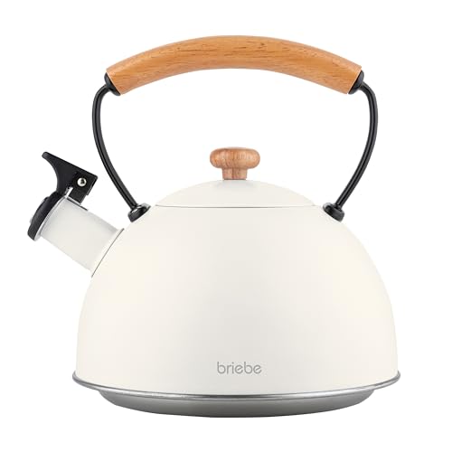 briebe Nordic Tetera Inducción Silbante 2,3L, Infusiones, Hervidor de Agua Acero Inoxidable, Todo Tipo de Cocinas, Vitrocerámica, Gas, Mango Madera Tacto Frío, Tea Pot, Blanco