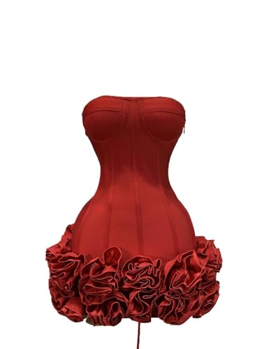 Women Evening Bandage Dress Strapless Bodycon Flowers Mini Sexy Birthday Party Dresses