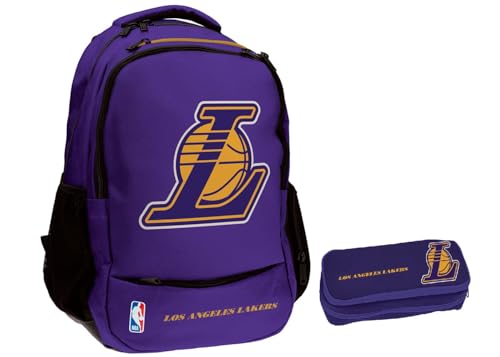 PRESTIGE & DELUXE Mochila compatible con NBA Lakers Morado 2 compartimentos Dim: 43 cm x 30 cm x 17 cm, respaldo y correas acolchadas para escuela y tiempo libre + Estuche con cremallera doble
