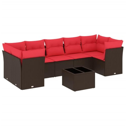 vidaXL Garten Sofa Garnitur 8-TLG., Gartenmöbel Set mit Kissen, Sitzgruppe für Garten Terrasse, Modular Gartensofa Lounge, Tisch mit Glasplatte, Braun Poly Rattan