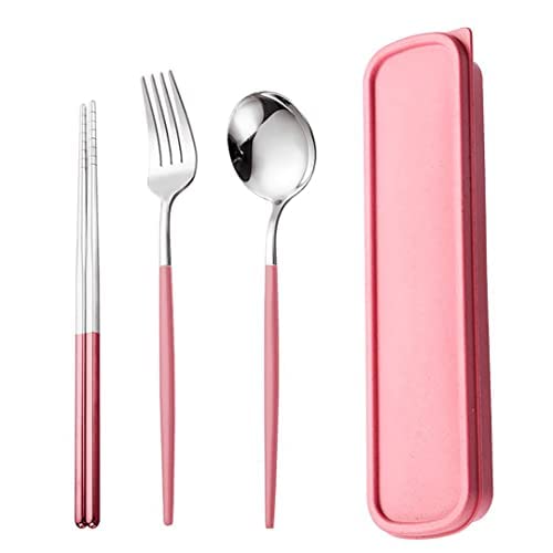 AXIAOLUTravel Utensils, Stainless Steel 4pcs Stainless Steel Portable Utensils, Cutlery Set, Reusable Flatware Silverware, Include Fork Spoon Chopsticks with Case (pink)