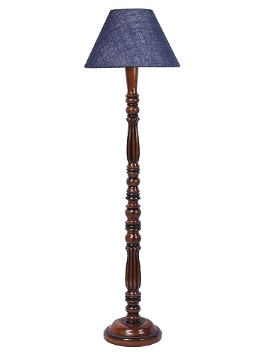 Image of Blue Jute Shade Wooden Floor Lamp with Wooden Base, Height - 53 Inches | Contemporary Standing Lamp for Living Room, Bedroom & Office | Elegant Lighting for Stylish Home Interiors